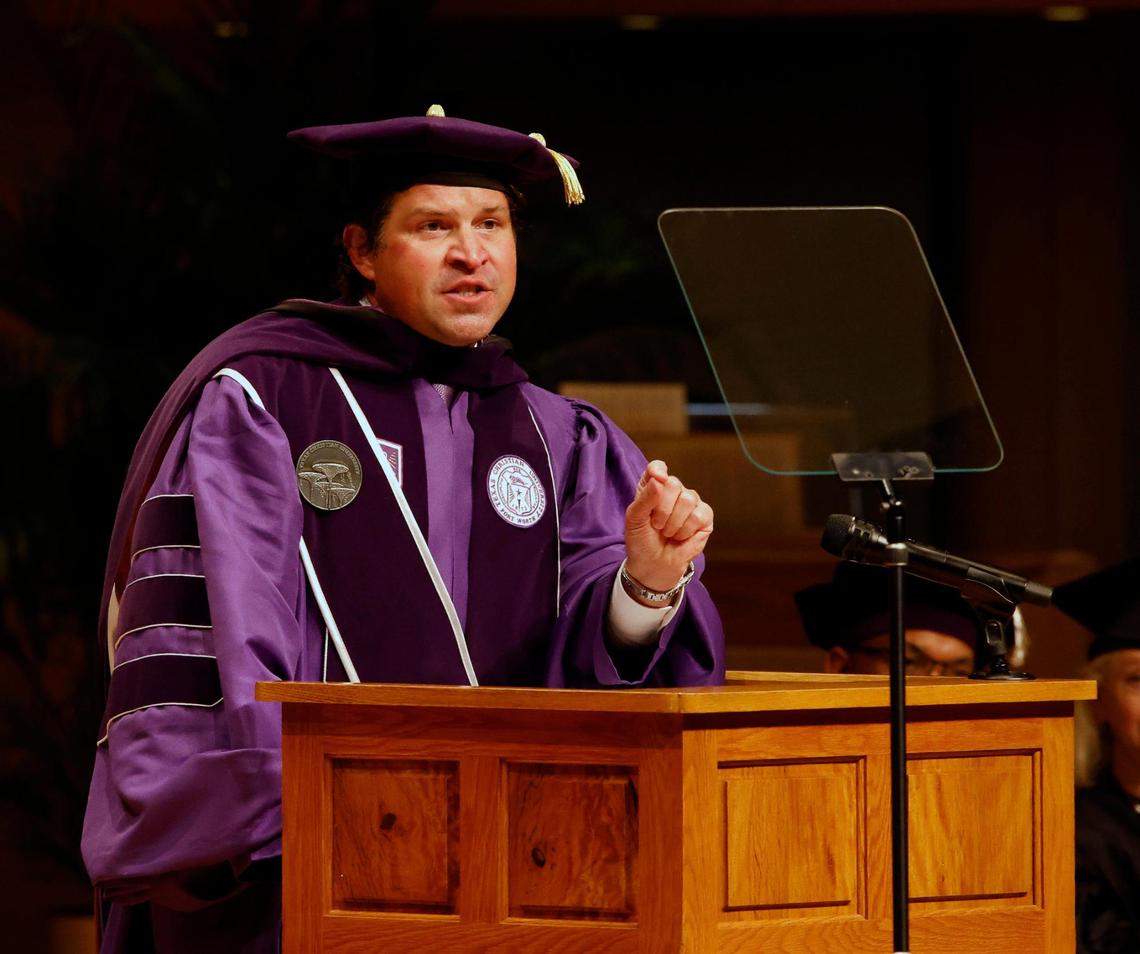 TCU President Daniel W. Pullin talks during his investiture in the Van Cliburn Concert Hall at TCU on Nov. 09, 2023. Pullin is the first president to serve under chancellor Victor J. Boschini Jr.