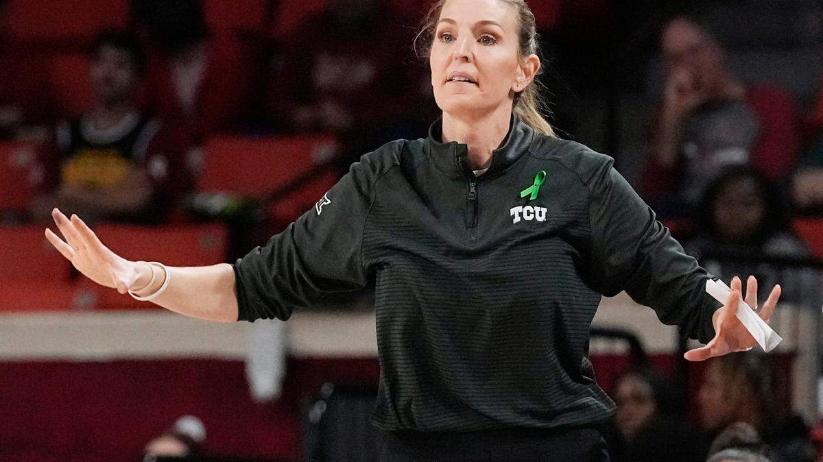 TCU head coach Raegan Pebley gestures in the second half of an NCAA college basketball game against Oklahoma, earlier this season.