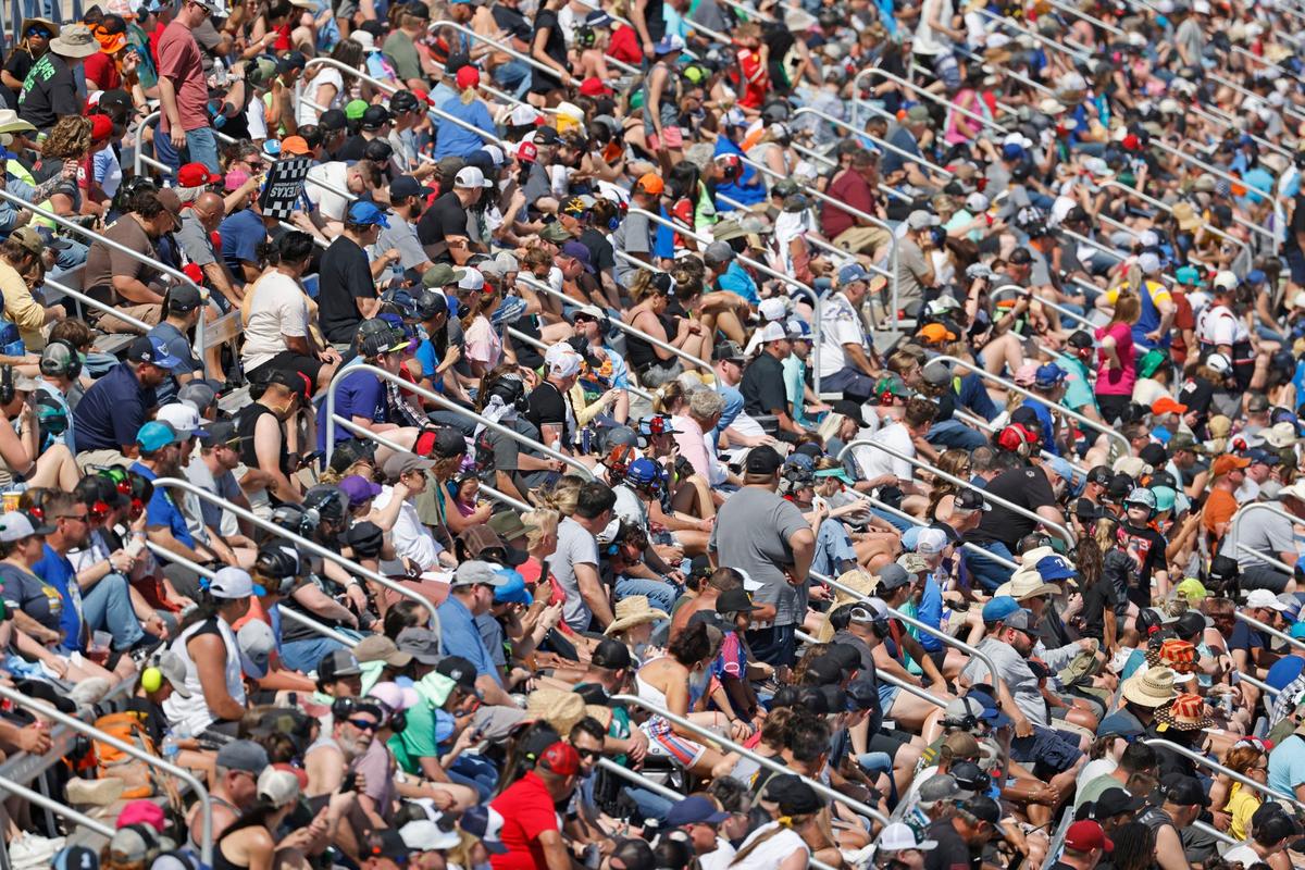 Race fans filled the stands down the front straight during the Auto Trader Echo Park 400 at Texas Motor Speedway in Fort Worth, Texas, April 14, 2024. Kyle Larson won stage 1. (Special to the Star-Telegram/Bob Booth)