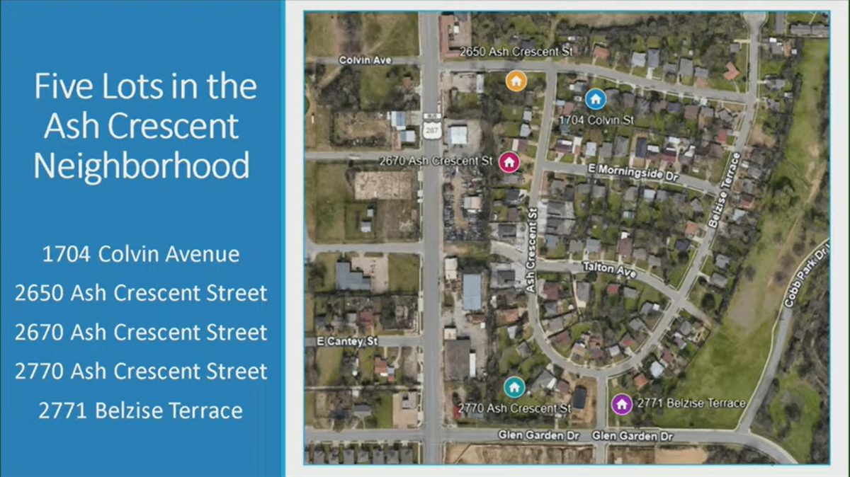 The locations of five city-owned properties to be sold to a developer to construct affordable single-family homes.