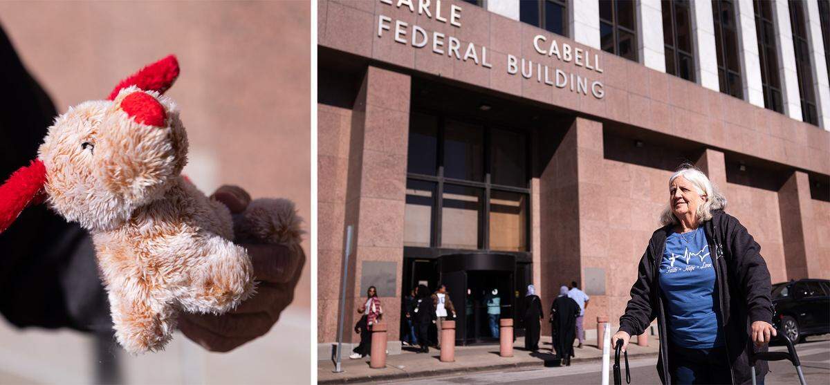 Long-time social activist Patricia Murphy stands outside of the federal courthouse in Dallas on Friday, Jan. 16, 2026. Murphy, a retired school teacher, has been volunteering as a court watcher after US Immigration and Customs Enforcement agents began arresting immigrants showing up for hearings. She brings a cart of toys, coloring books and fidgets to help soothe children present for the immigration hearings.