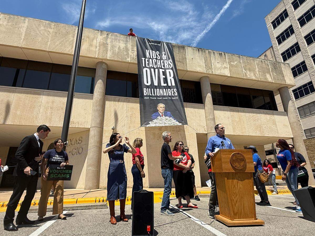 Democratic members of the Texas House and labor and public education advocates held a news conference on May 3 opposing Texas’ school voucher plan.