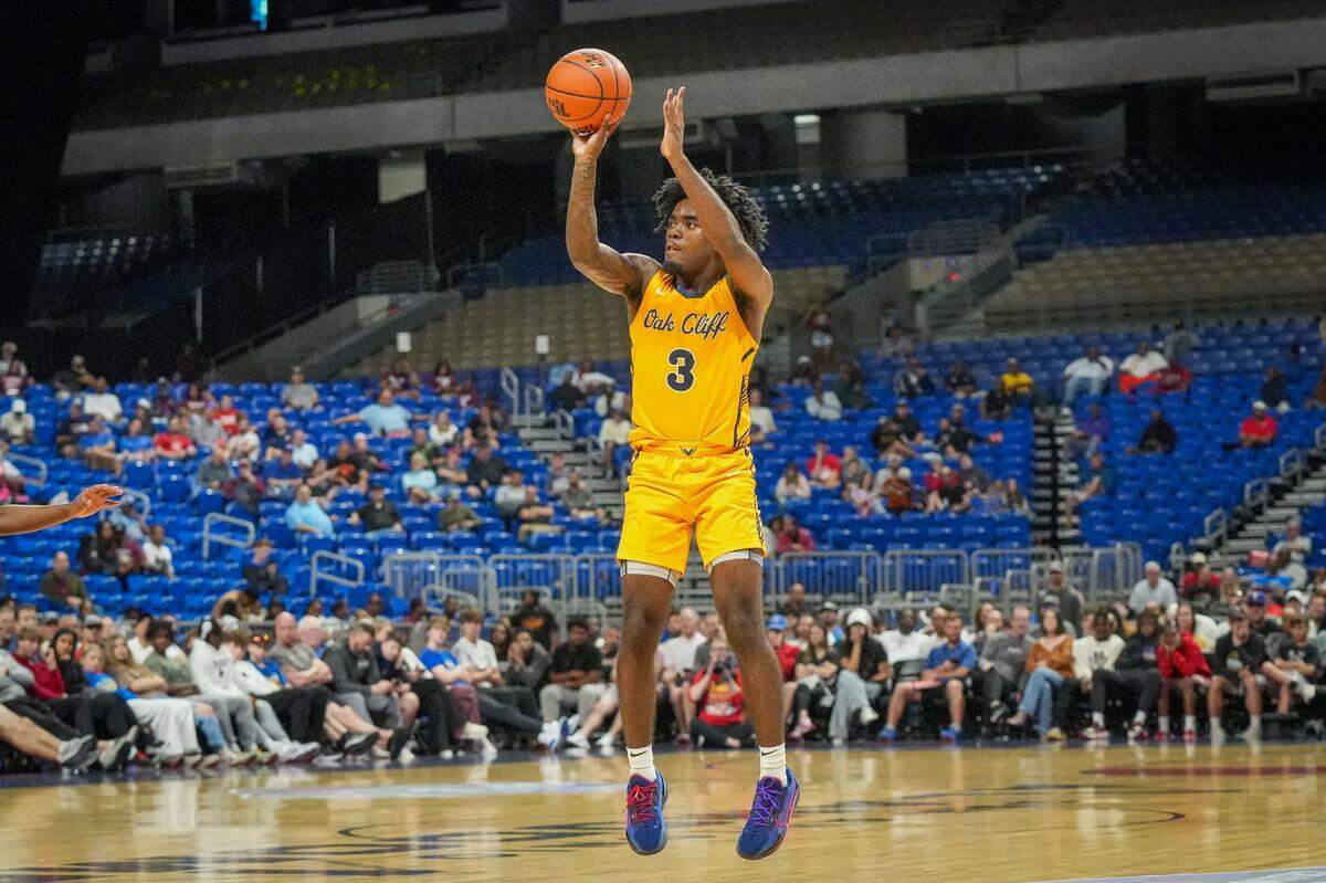 Dallas Oak Cliff Faith Family’s Jazz Henderson shoots a jumper against Stafford in a Class 4A state semifinal on Friday, March 8, 2024 at the Alamodome in San Antonio, Texas. Faith Family defeated Stafford 59-40.
