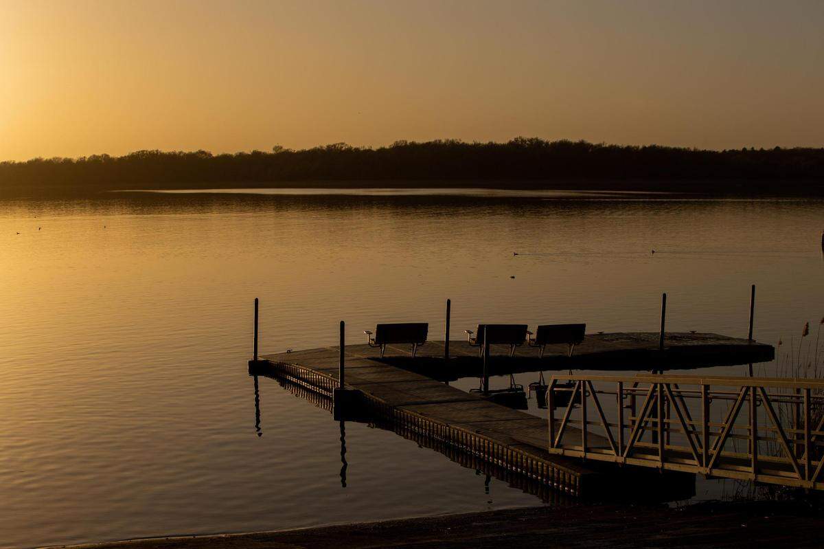 A dock at Fairfield Lake at Fairfield Lake State Park on Feb. 27, 2023.