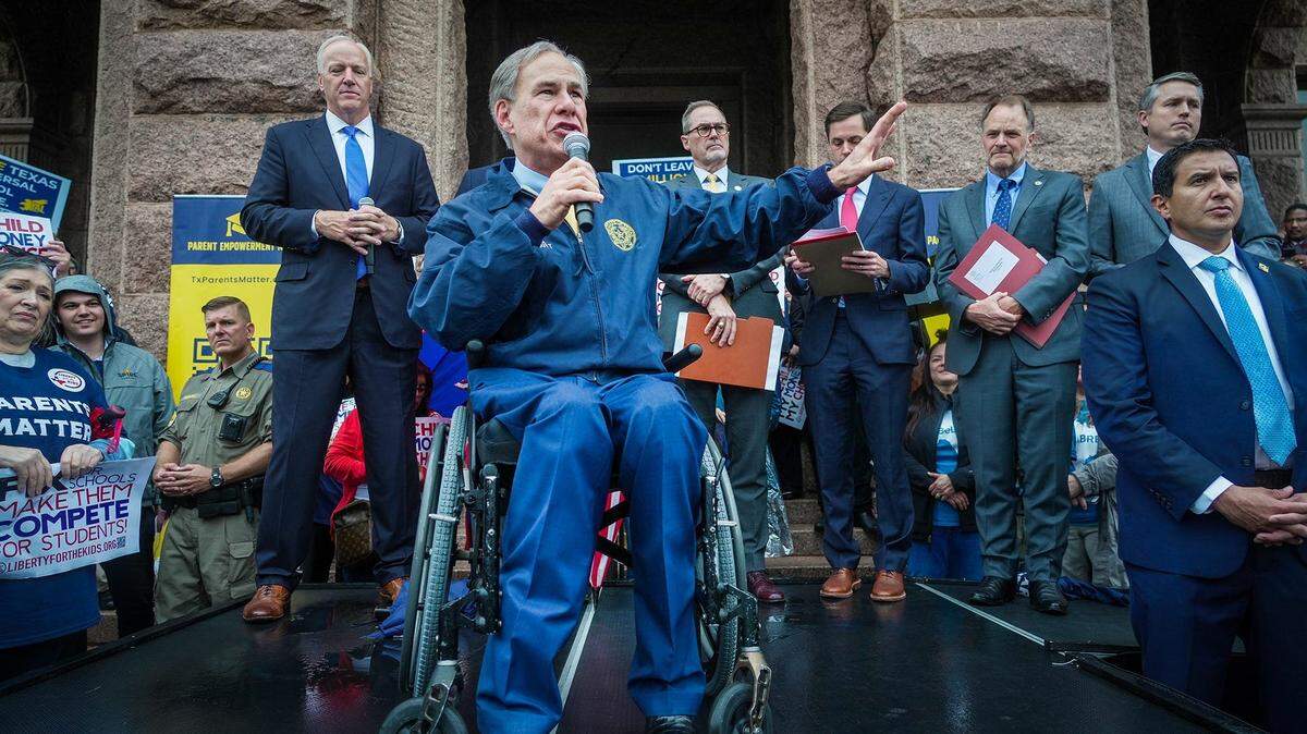 Gov. Greg Abbott speaks on the north steps of the State Capitol to supporters at a Texas Public Policy Foundation Parent Empowerment rally in March.