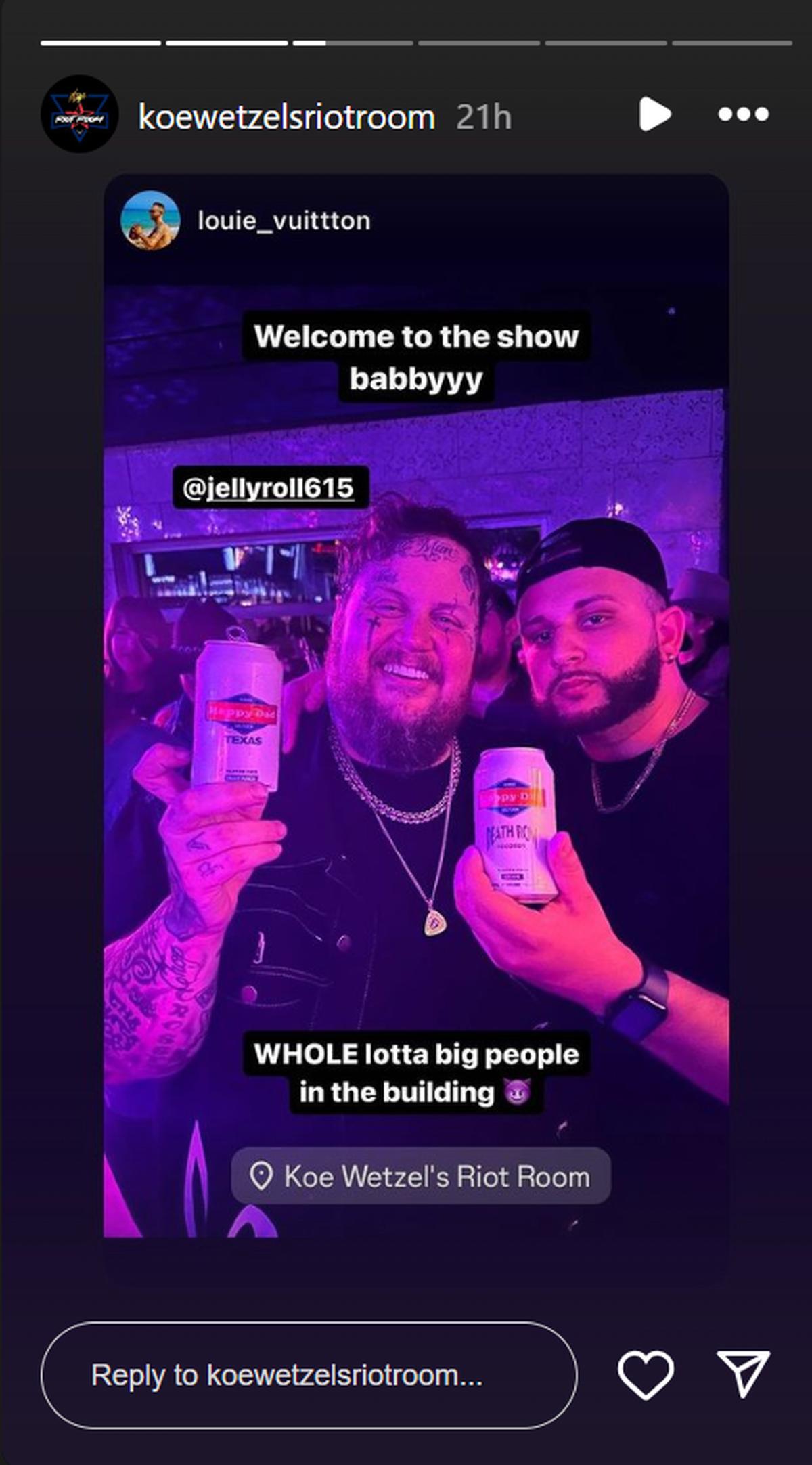 A screenshot of Riot Room’s Instagram story, showing Jelly Roll’s selfie with bar guest, Louie Hill on Tuesday, May 15, 2024.