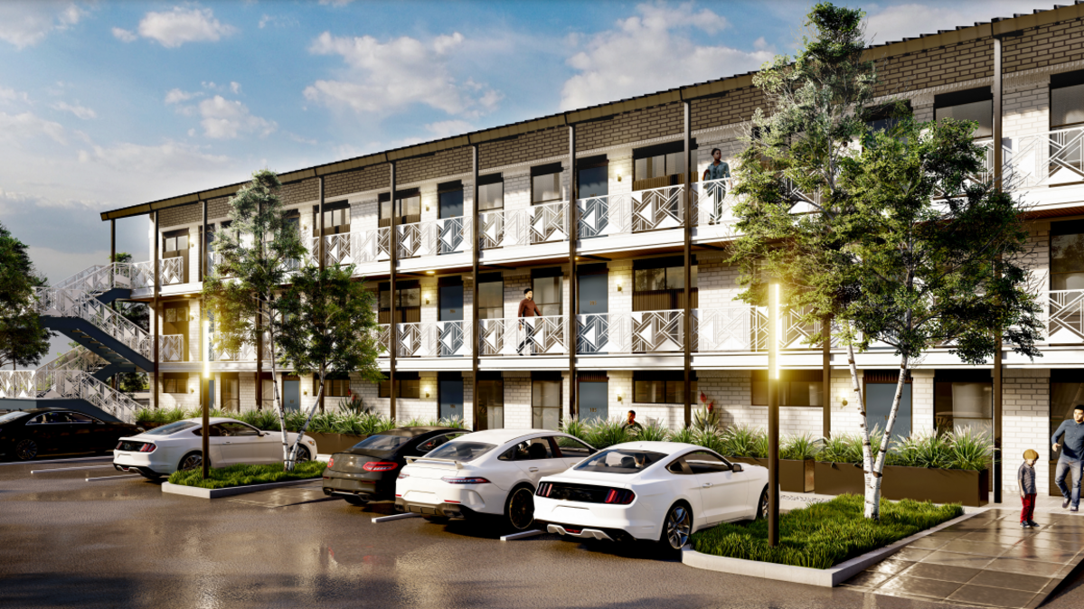 A rendering shows Casa de Los Sueños, an affordable housing community in west Fort Worth that will house families experiencing homelessness starting in September 2024. The property was previously the Express Inn motel before being repurposed.