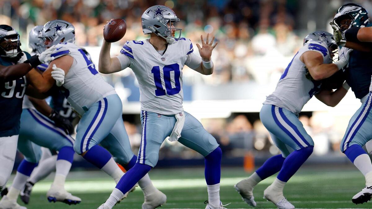 Dallas Cowboys quarterback Cooper Rush throws the ball against the Philadelphia Eagles on Sunday, Nov. 10, 2024, at AT&T Stadium.