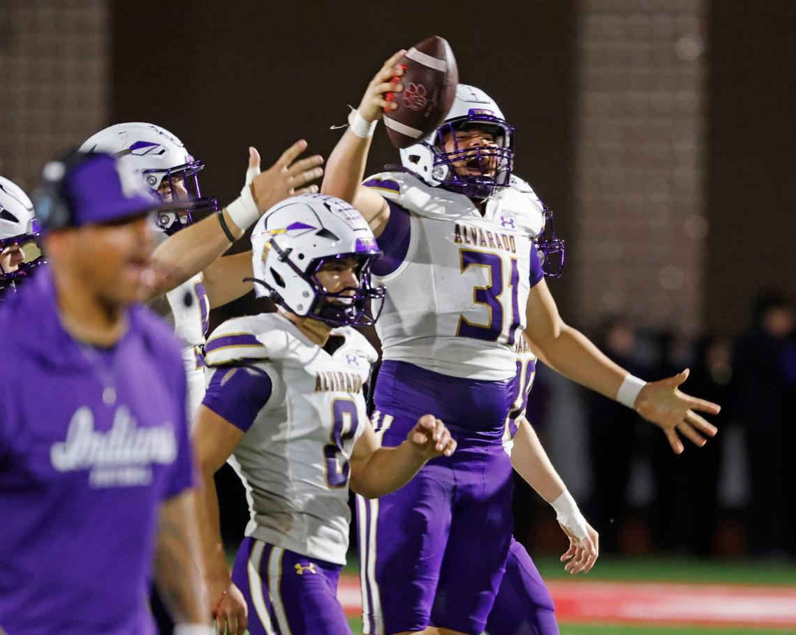 Alvarado defensive end Daylon Ellison (31) comes up with a fumble during a UIL football game at Tiger Stadium in Glen Rose Texas, Friday, Sept. 27, 2024.