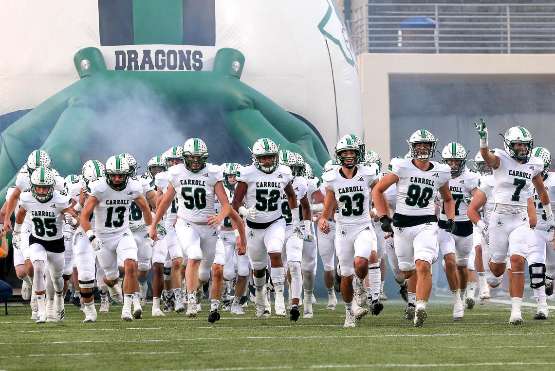 The Southlake Carroll Dragons enter the field to face the Denton Guyer Wildcats, Friday night, October 4, 2019 played at C.H. Collins Complex Stadium in Denton, TX.