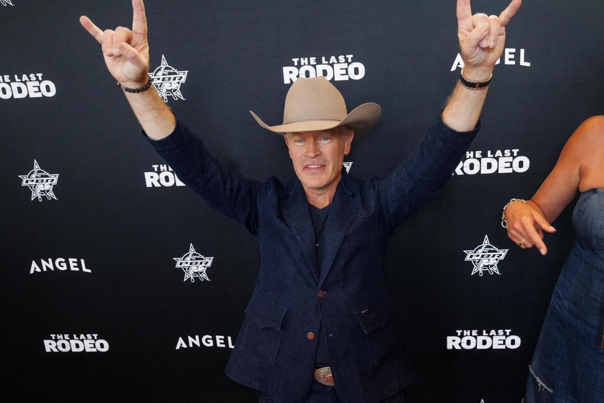 Actor, writer and producer Neal McDonough to the arrival of Sean Gleason, head of PBR, during the world premiere of “The Last Rodeo” on Monday, May 12, 2025, in Fort Worth.