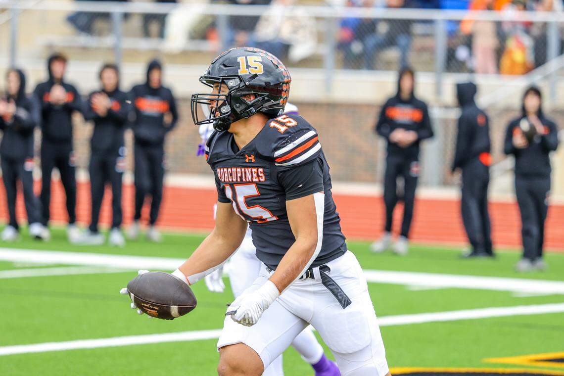 Springtown receiver Karson Ferguson celebrates a touchdown reception against Alvarado during a Class 4A Division I regional semifinal Friday, Nov. 28, 2025, at Knight Stadium at Eagle Mountain High School in Fort Worth.