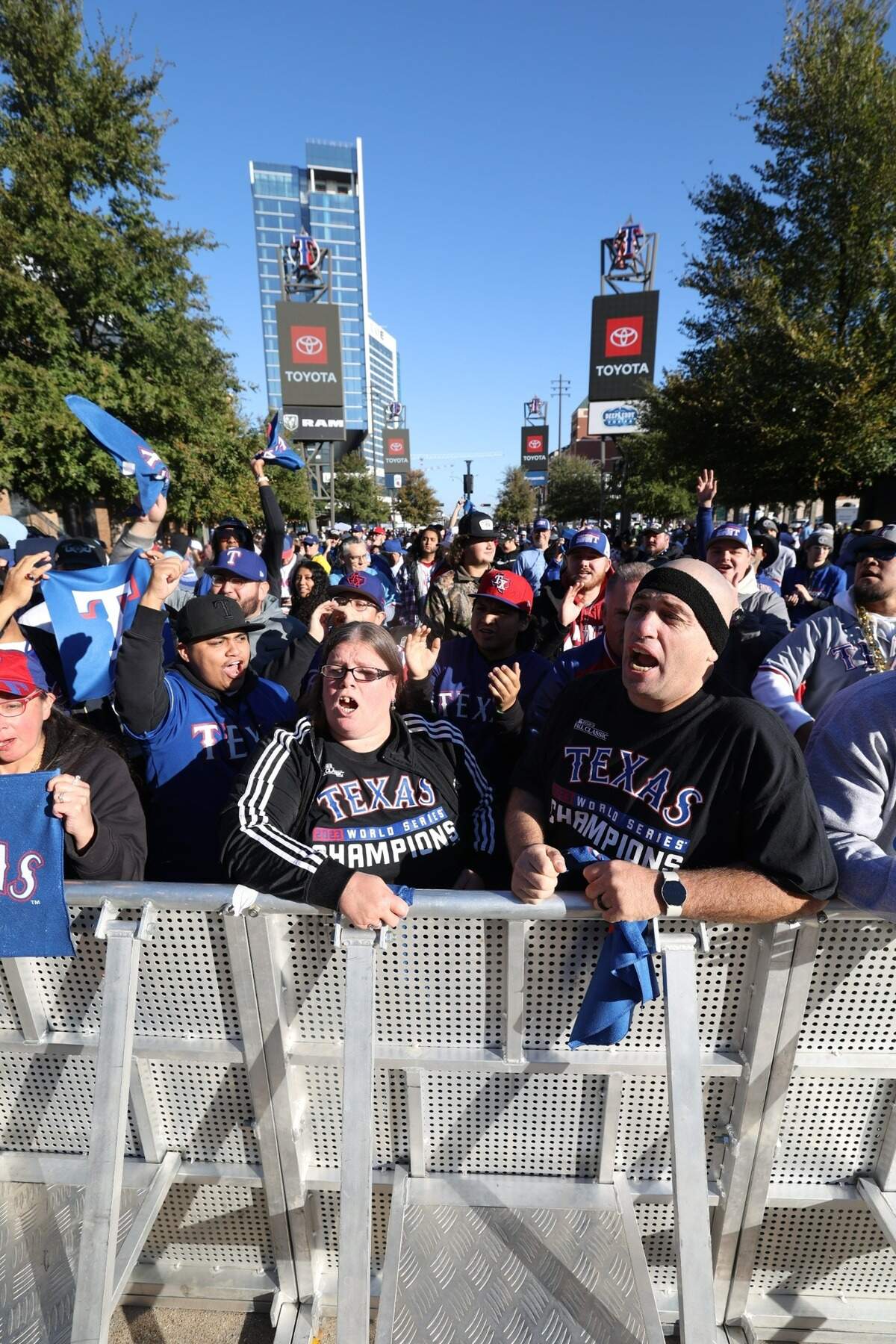 Texas Rangers fans line up for the World Series parade near Globe Life Field on Friday, Nov. 3, 2023.