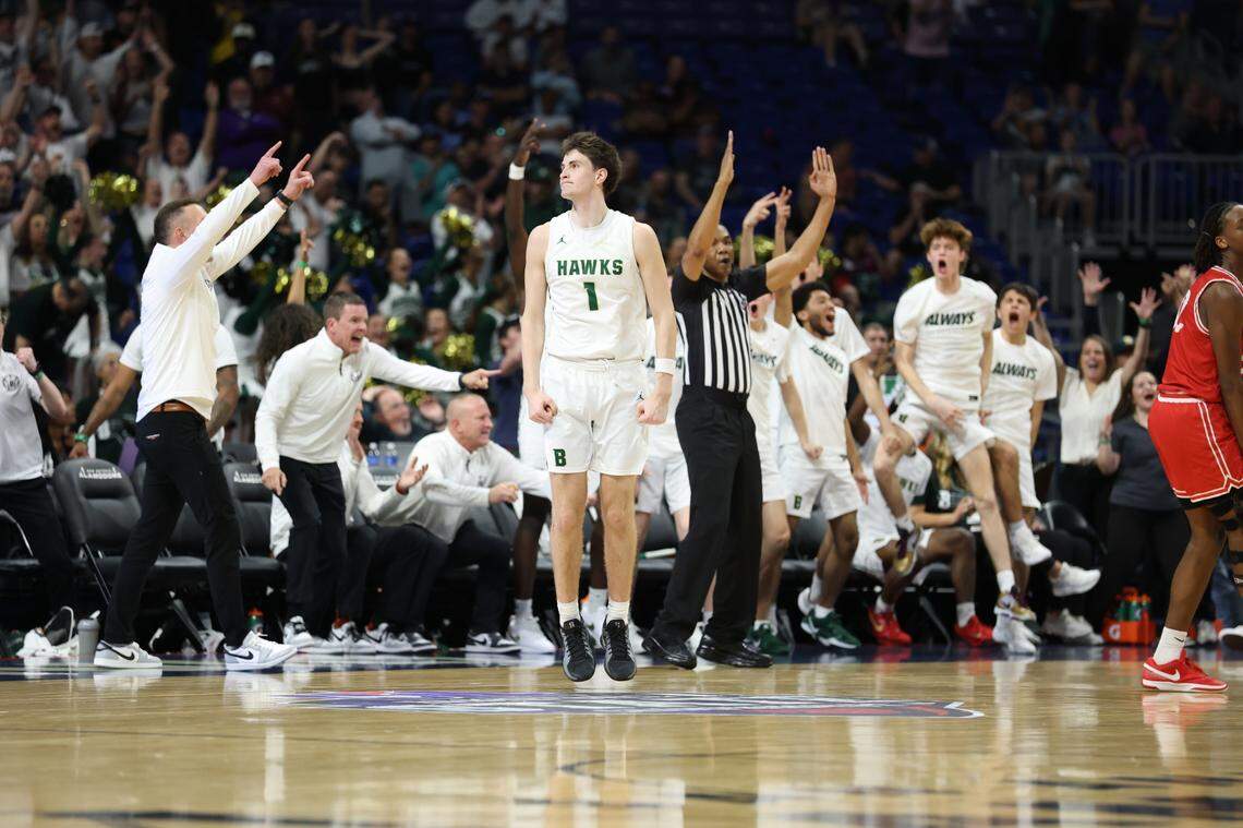 Birdville’s Sawyer Dotson (1) and the rest of the Hawk’s bench celebrate a three point basket against Beaumont West Brook in the Class 5A Division 1 state championship game on Saturday, March 8, 2025 at the Alamodome in San Antonio, Texas.