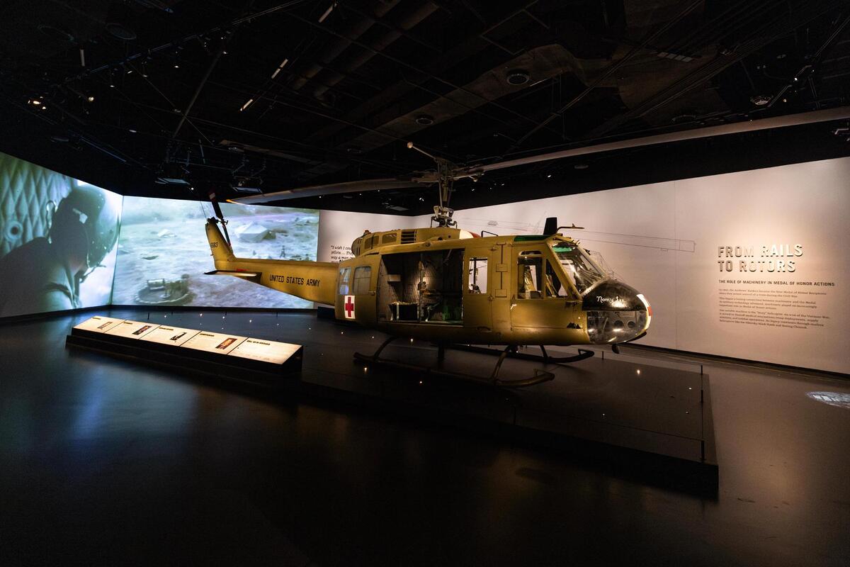 A Bell UH-1 Iroquois “Huey” Medevac helicopter, modeled after the one flown by Army recipient Patrick Brady in Vietnam, is on display inside of the National Medal of Honor Museum in Arlington.