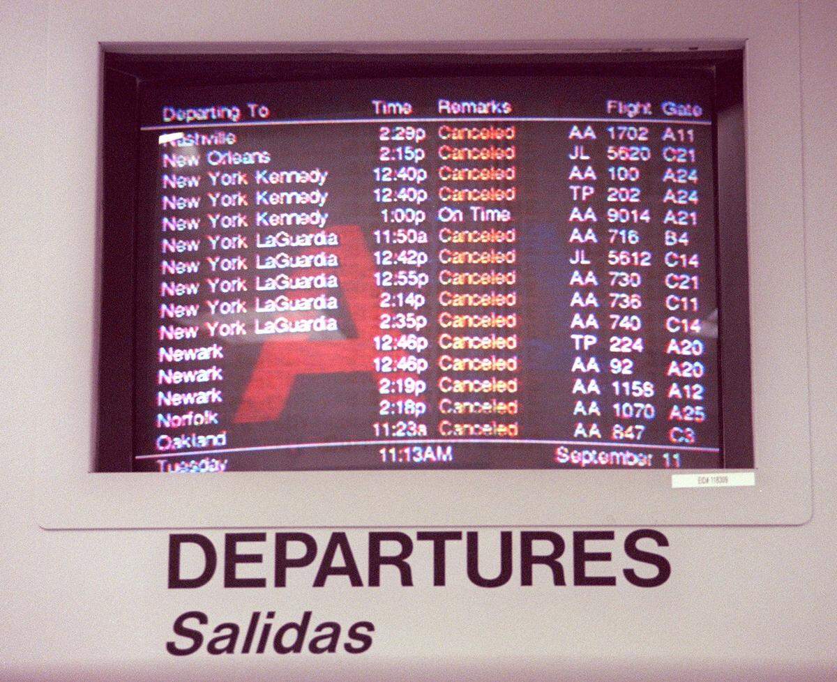 Departure screens at DFW International Airport on Sept. 11, 2001.