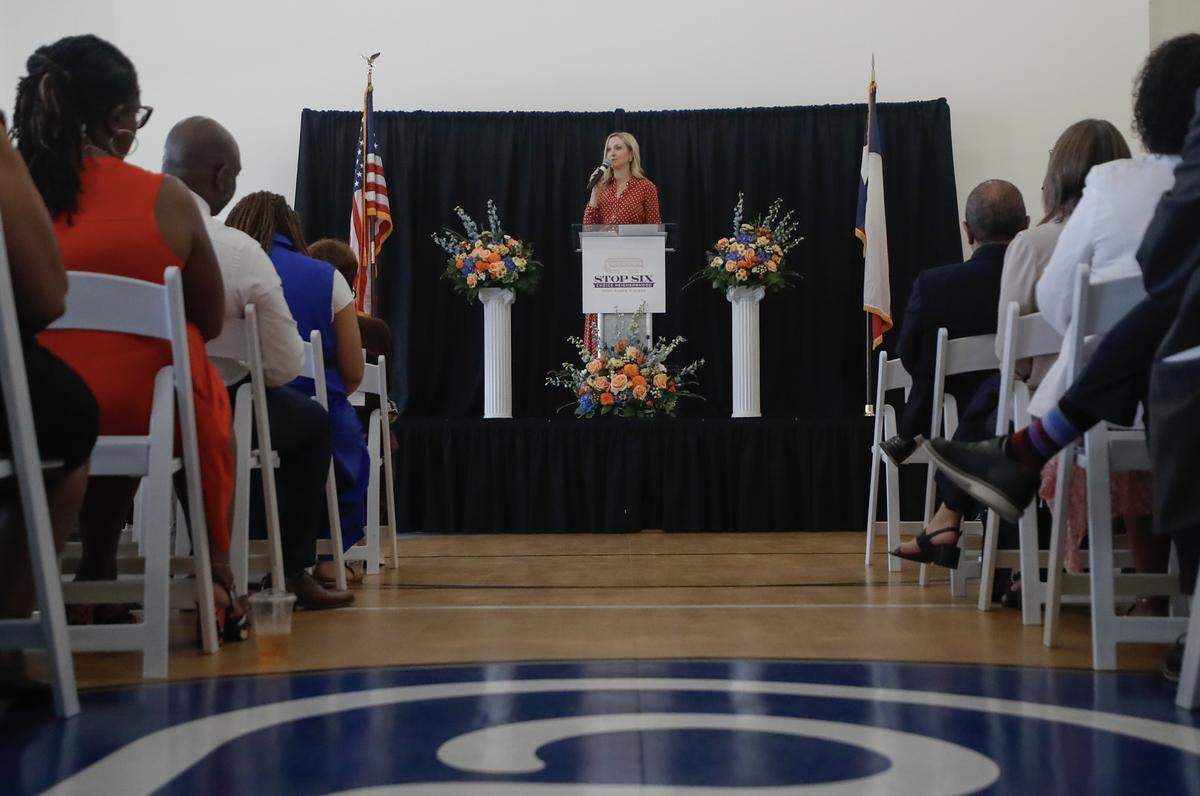 Fort Worth Mayor Mattie Parker speaks to attendees during a groundbreaking of Hughes House II in east Fort Worth on June 2, 2026. The housing project will offer permanent supportive housing.