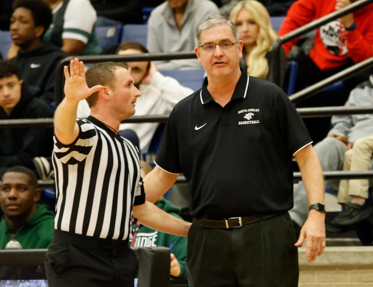 North Crowley head coach Tommy Brakel gets an explaination from an official during a UIL boys basketball game at Lake Ridge High School in Mansfield, Texas, Tuesday, Jan. 24, 2025.