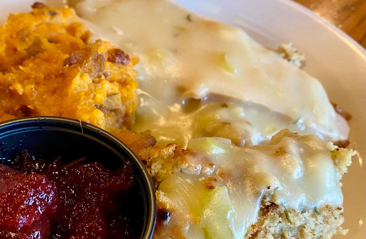 A turkey-and-dressing dinner with sweet potatoes and cranberry sauce at a Cracker Barrell Old Country Store restaurant in Benbrook, Texas, Nov. 7, 2019.