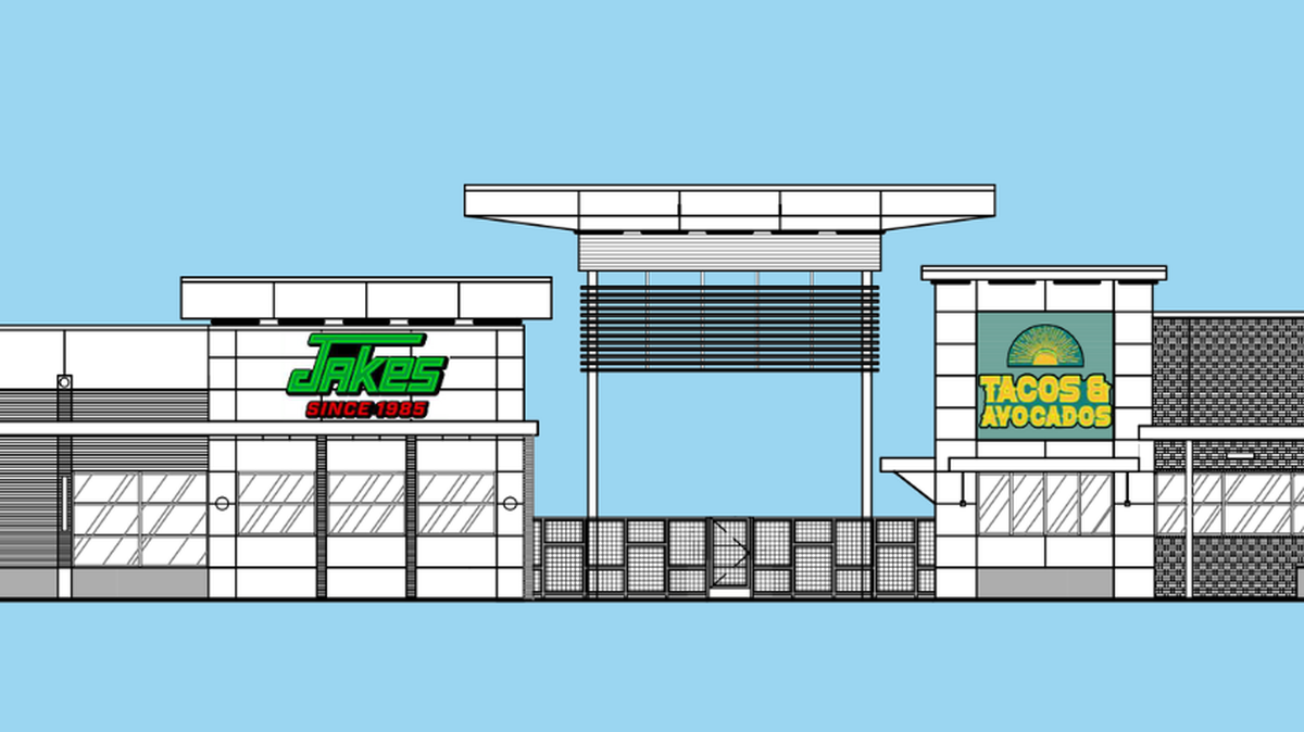 A rendering of the new development shows the front of the project, with Jakes Burgers on the left and Tacos & Avocados on the right.