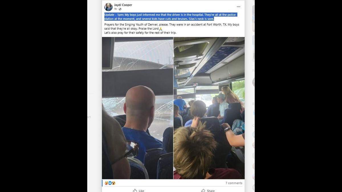 A Facebook post on Friday showing the scene inside a charter bus that crashed into a truck on U.S. 287 in northwest Fort Worth.