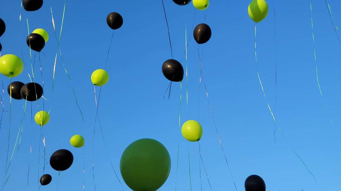 Green and black helium balloons float into a clear blue sky.