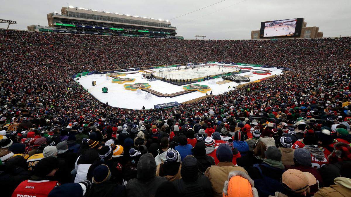 The NHL Winter Classic hockey game between the Boston Bruins and the Chicago Blackhawks on Tuesday was held at Notre Dame Stadium in South Bend, Ind.