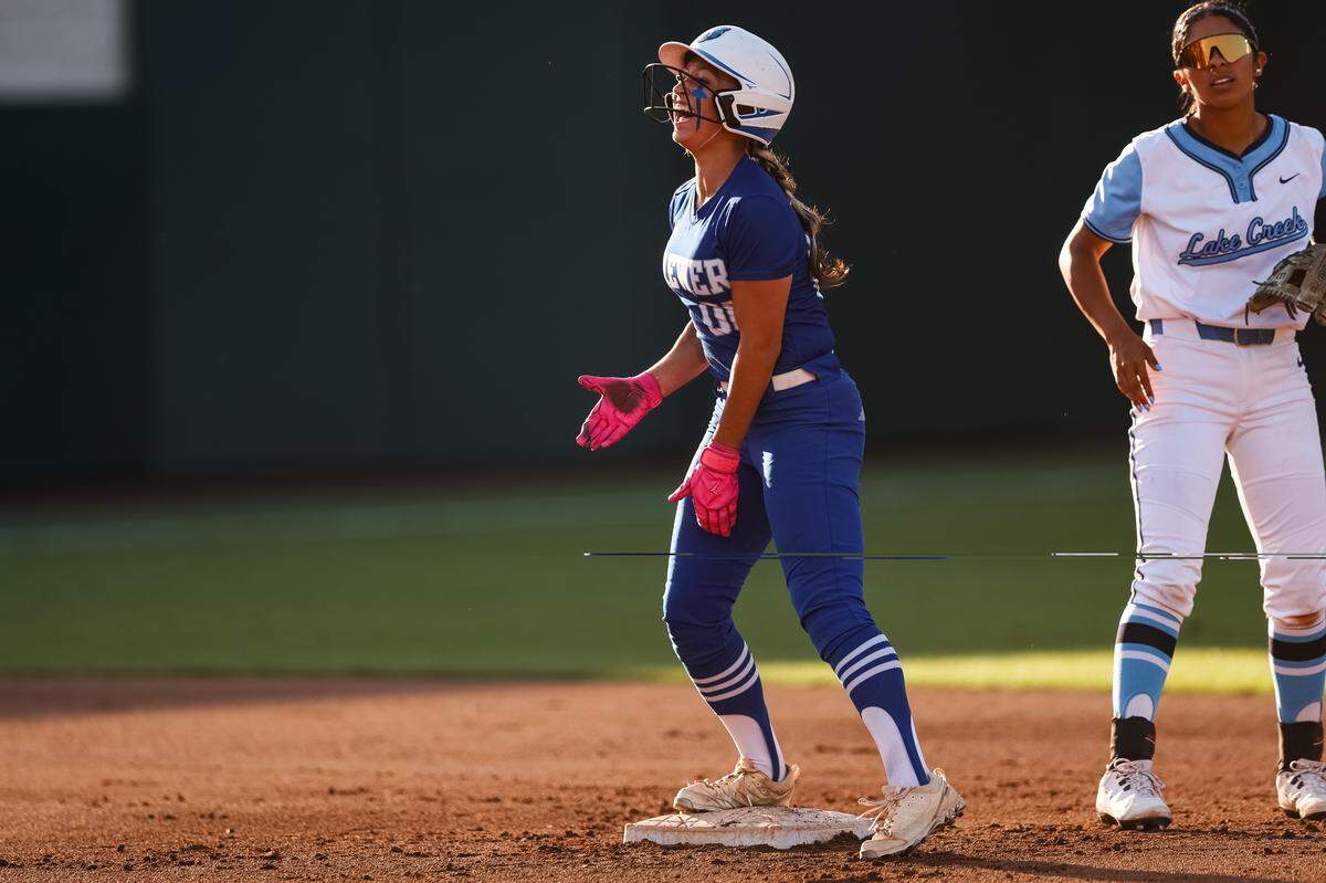 White Settlement Brewer center fielder Ava Pena (00) screams in celebration after a hit against Montgomery Lake Creek in the UIL Class 5A Division II state softball championship game at Red & Charline McCombs field in Austin, Texas, on Friday, May 29, 2026.