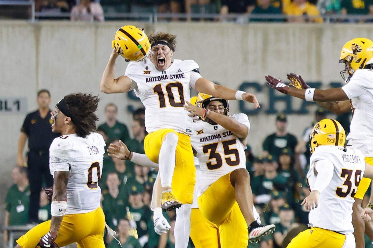 Sep 20, 2025; Waco, Texas, USA; Arizona State Sun Devils quarterback Sam Leavitt (10) reacts after the Arizona State Sun Devils defeat the Baylor Bears 27-24 at McLane Stadium. Mandatory Credit: Chris Jones-Imagn Images