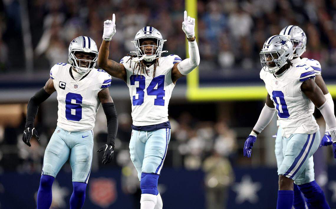 Dallas Cowboys cornerback Shavon Revel (34) celebrates tackle on Sunday, Dec. 14, 2025, at AT&T Stadium.
