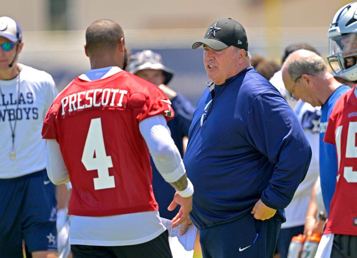Jul 26, 2023; Oxnard, CA, USA; Dallas Cowboys quarterback Dak Prescott (4) talks with head coach Mike McCarthy during training camp at River Ridge Playing Fields in Oxnard, CA. Mandatory Credit: Jayne Kamin-Oncea-USA TODAY Sports