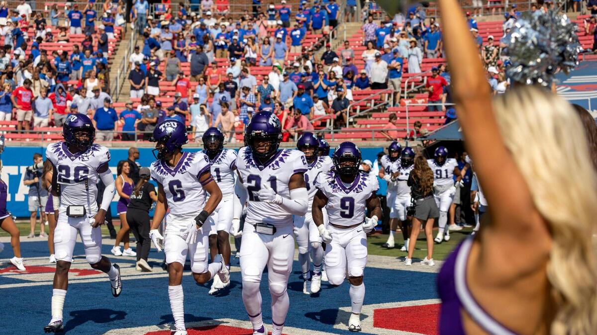 TCU runs onto the field before their rivalry game against SMU begins on Saturday, Sept. 24, 2022, at the Gerald Ford Stadium in the Southern Methodist University in Dallas, Texas. The Horned Frogs will look to stay unbeaten against Oklahoma.