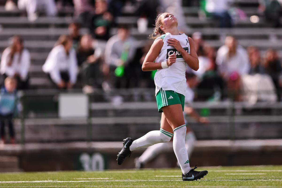 Southlake Carroll midfielder Audrey Anderson (5) closes her eyes as she runs in frustration after a missed shot against Forney in a UIL Class 6A Division 2 girls soccer state semifinal on Saturday, April 4, 2026, at Memorial Stadium in Mesquite, Texas.