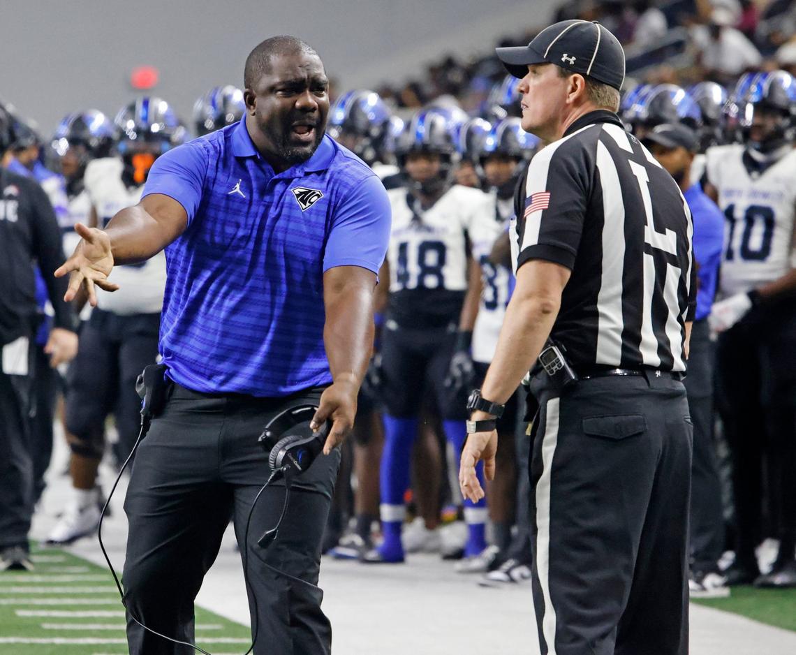 North Crowley head coach Ray Gates argues a call with the linesman during a UIL football game at The Star in Frisco Texas, Saturday, Oct. 31, 2024.