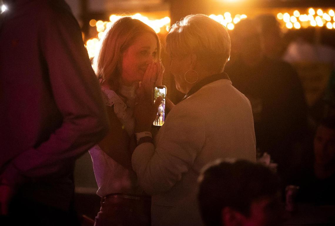 Fort Worth mayoral candidate Mattie Parker, left, talks to Fort Worth Mayor Betsy Price while waiting for election results on Saturday, May 1, 2021. Parker will face Deborah Peoples in a June runoff election for mayor.