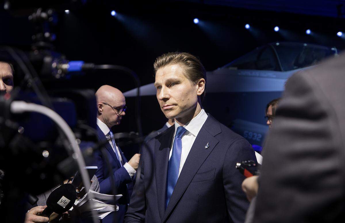 Antti Häkkänen, Finland’s Minister of Defence, speaks to media during a ceremony at Lockheed Martin production in Fort Worth to unveil the first in a line of F-35 Lightning II jets destined for the Finland's military on Tuesday, Dec. 16, 2025.