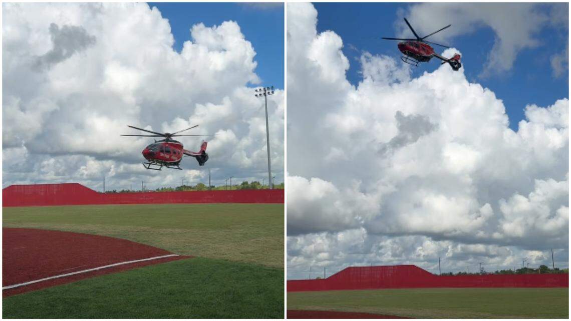 A baseball coach was flown to a hospital by helicopter after being struck by gunfire during a game in Katy, Texas, officials say.