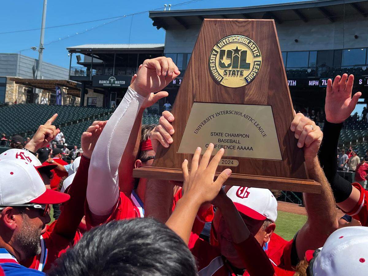 Grapevine baseball celebrates with the UIL Class 5A state championship following a 6-5 walk off victory over Lucas Lovejoy on June 8, 2024.