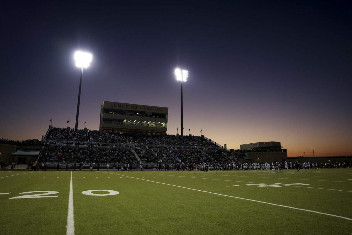 The sun sets over the North Crowley and Waxahachie game on Friday, Oct. 9, 2026, at Stuart B. Lumpkins Stadium in Waxahachie.