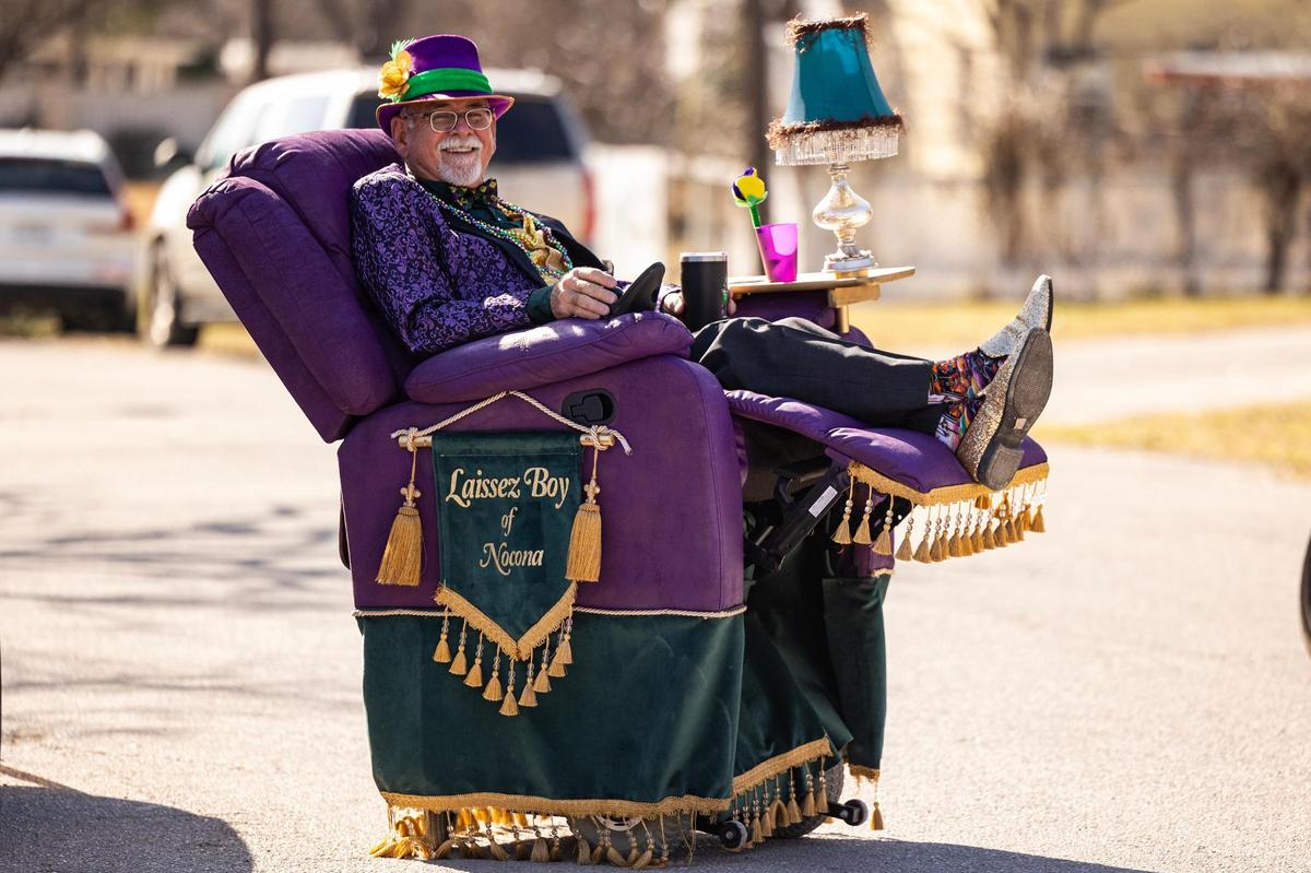 Nocona resident Bob Ferguson, the owner of the Red River Station Inn, sits in his remote controlled ‘parade float’ prior to the parade for the 15th Annual Mardi Gras Nocona Style on Clay Street in Nocona on Saturday, Mar. 1, 2025.