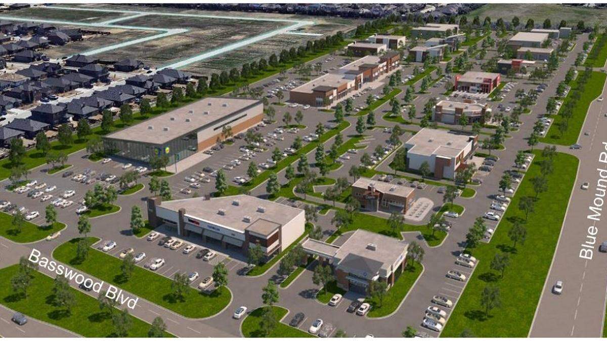 This is a rendering of the Victory Shops at Basswood, a retail development that will go in the southeast corner of Basswood Boulevard and North Blue Mound Road. The first buildings will be finished in spring 2019.
