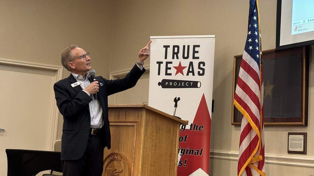 Andrew Yeager, Southlake Carroll school board vice president, presented his blueprint for higher literacy rates and lower tax rates at the May 11, 2026 True Texas Project meeting.