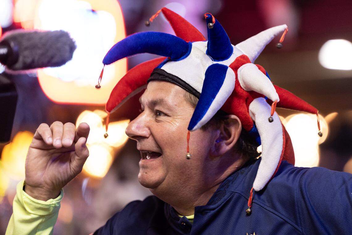 Fort Worth resident Marc Asmode talk about how close France was to winning the World Cup in 2022 against Argentina during the 2025 World Cup Draw Watch Party at Billy Bobs Texas in the Fort Worth Stockyards on Friday, Dec. 5, 2025.
