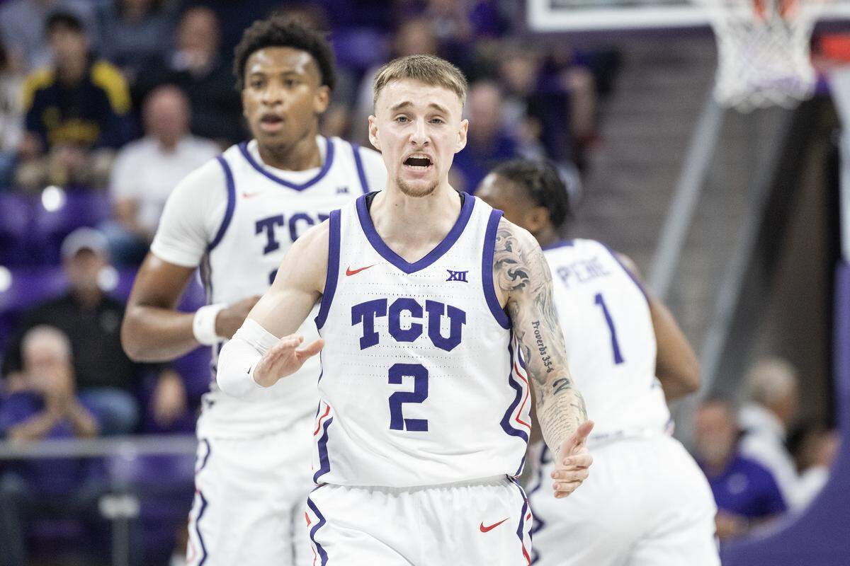 TCU guard Brock Harding (2) reacts after forcing a turnover in the first half of a NCAA basketball game between the TCU Horned Frogs and the Michigan Wolverines at Schollmaier Arena in Fort Worth on Friday, Nov.14, 2025.