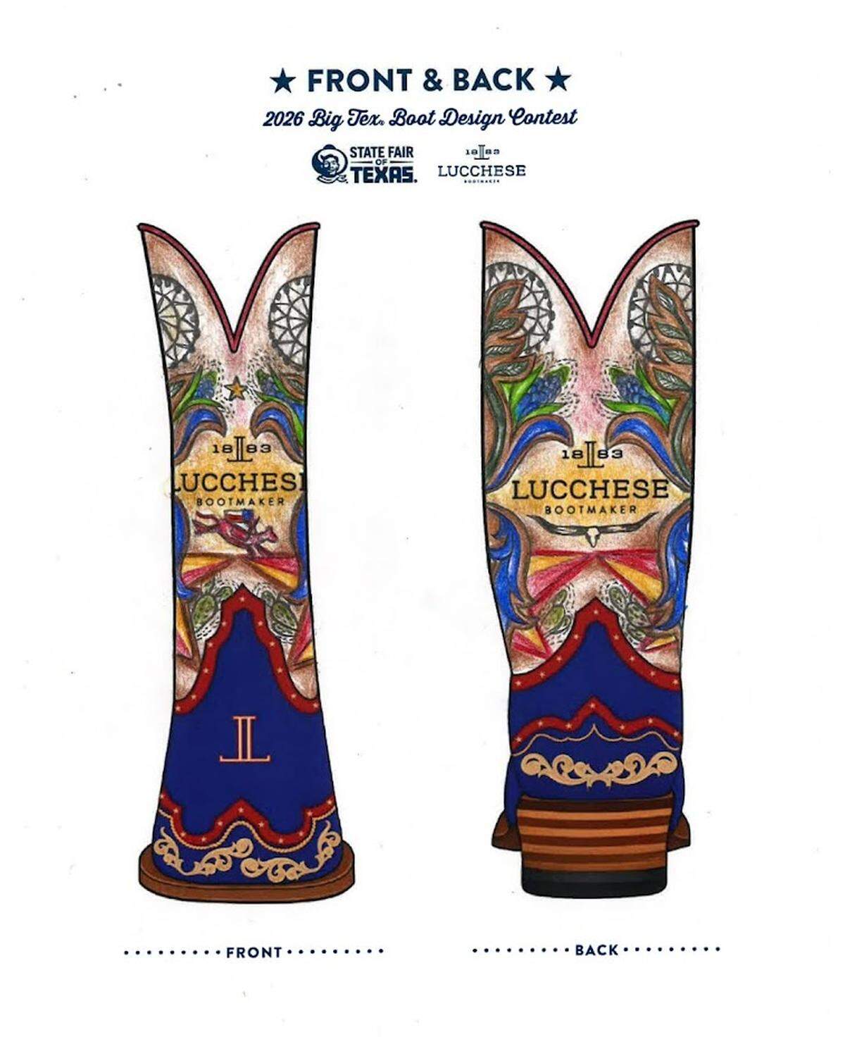 The winning boot design by Aaliyah McNeal from Dallas that the State Fair of Texas mascot, Big Tex, will wear for the next three fair seasons.