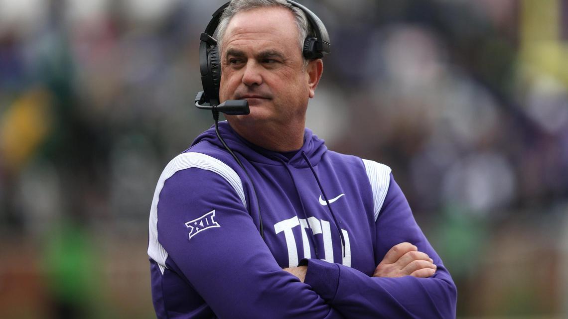 TCU head coach Sonny Dykes on the sidelines of their game against Baylor at McLane Stadium in Waco on Saturday, Nov. 19, 2022. The Horned Frogs won 29-28 against the Bears.