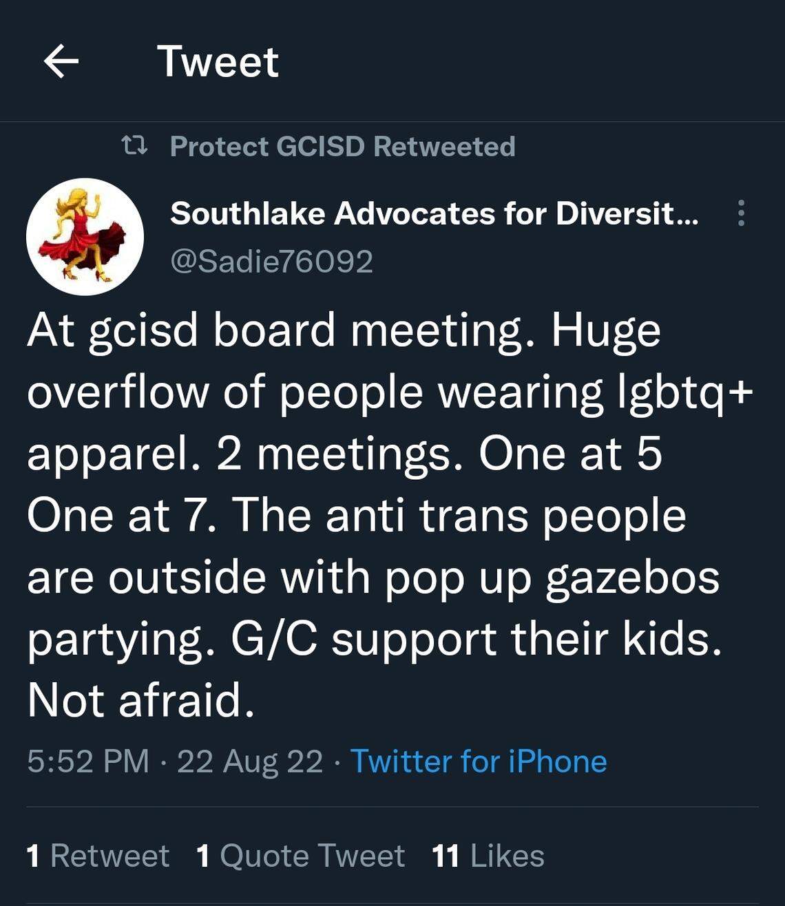Some who showed up Monday night for the Grapevine-Colleyville school board meeting expressed support for the LGBTQ+ community on social media.