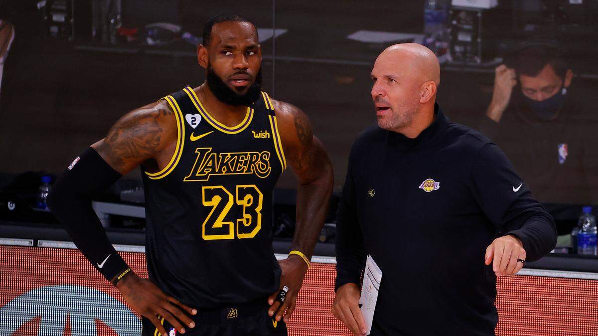 Los Angeles Lakers’ LeBron James talks with assistant coach Jason Kidd during Game 4 of a first-round playoff series. Kidd was named the Dallas Mavericks head coach on Monday.