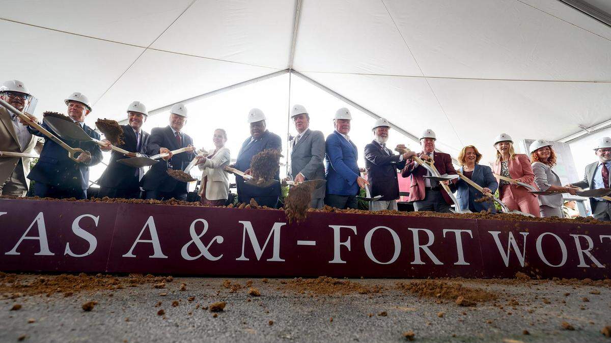 Dignitaries and elected officials break ground on Texas A&M-Fort Worth’s new $150 million Law and Education Building on Wednesday.