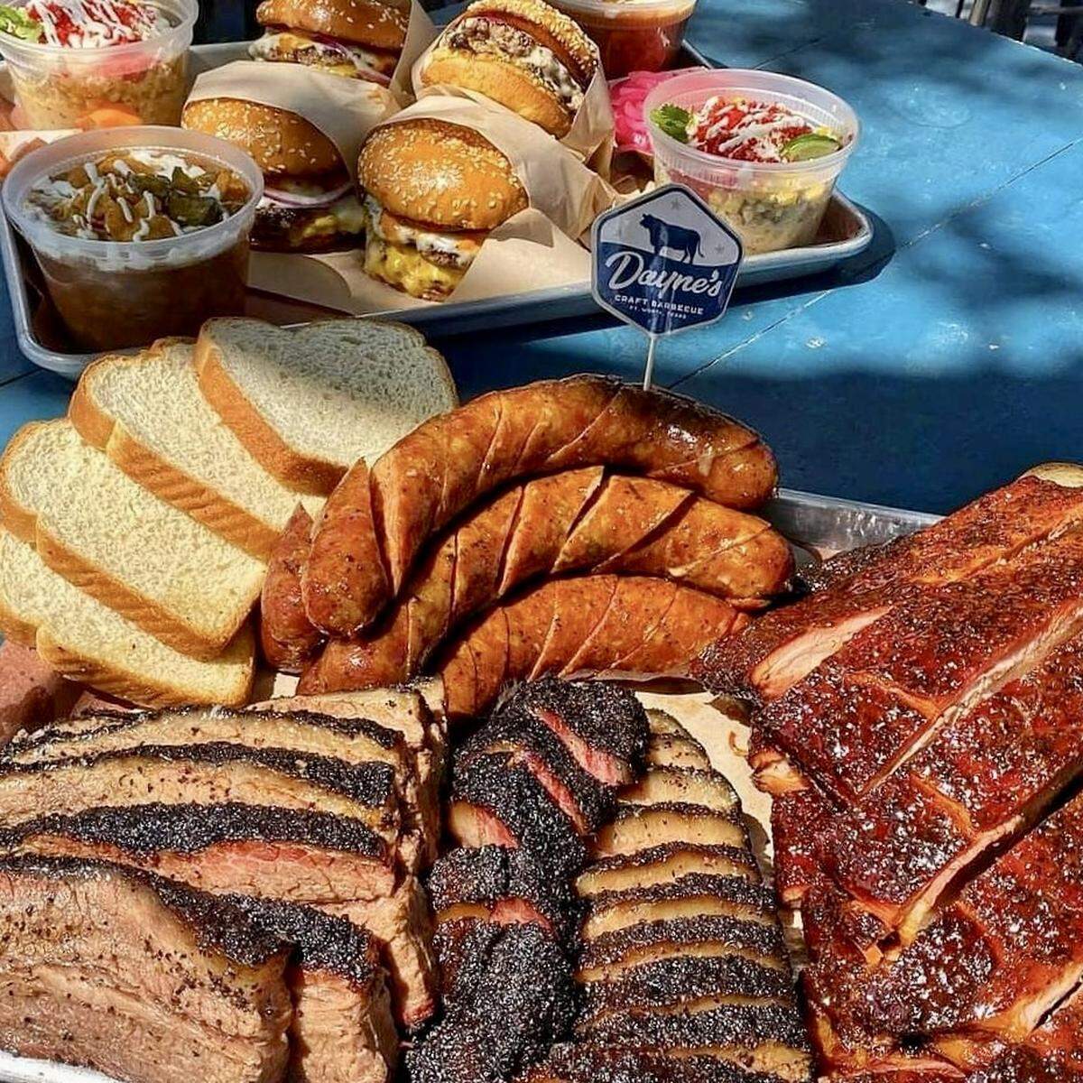 A family platter of meats at Dayne’s Craft Barbecue in west Fort Worth.